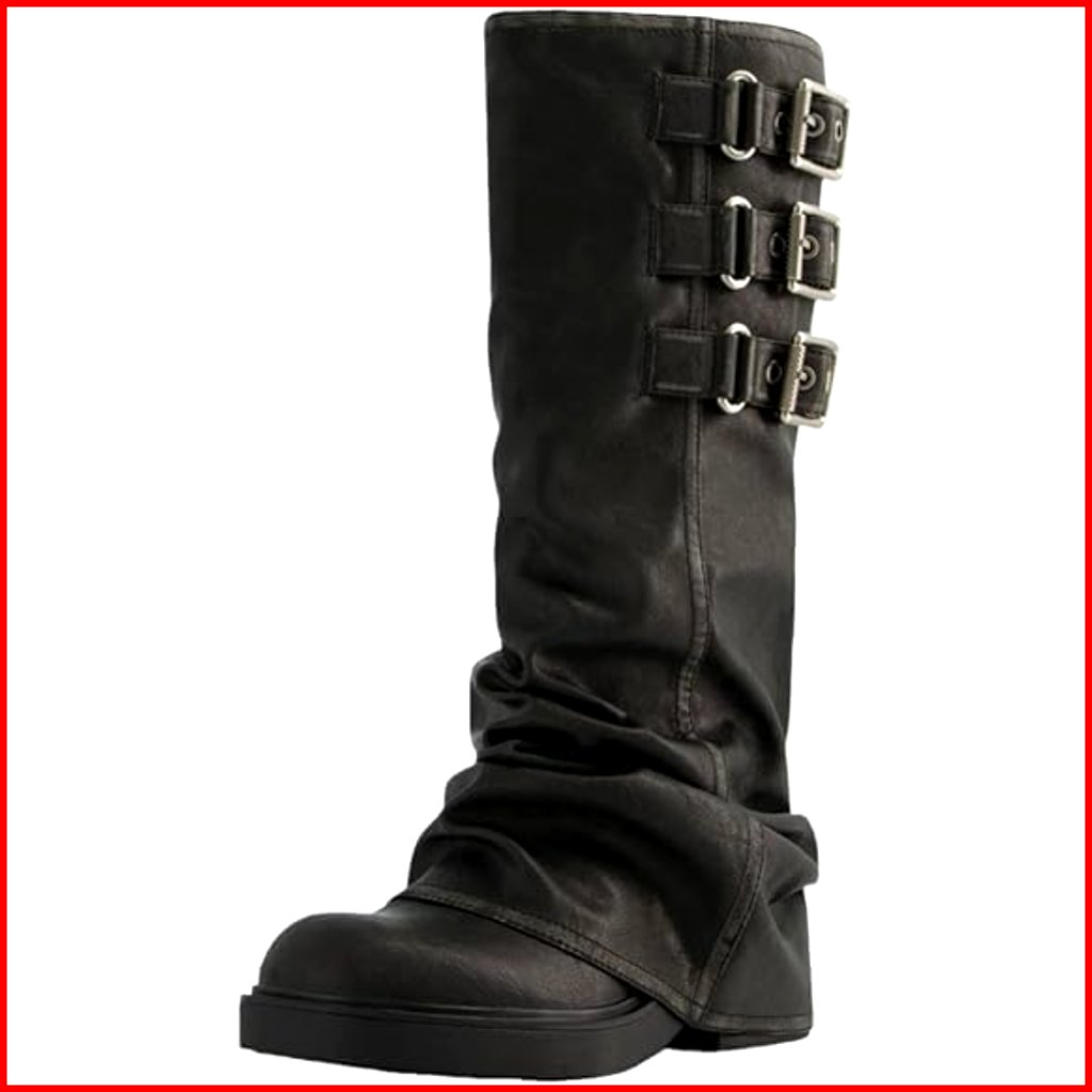 Slouchy Knee High Boots Chunky Low Heel Platform Pull On Riding Biker